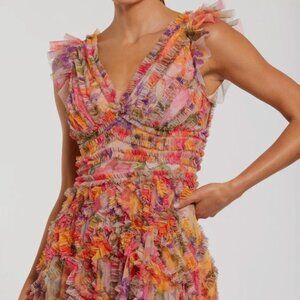 Mac Duggal NEW Multicolor Floral V-neck Sleeveless Ruffle Maxi Dress $598 Size 4